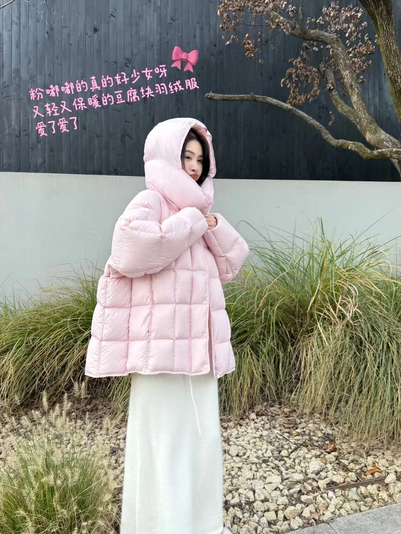 25秋冬新款方格廓形羽绒服云朵零压感95白鸭绒连帽羽绒服女