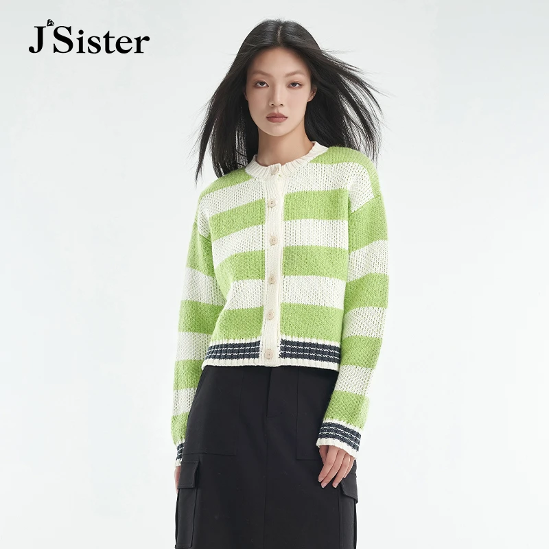 4712【李易行】JsisterJS简约条纹撞色通勤针织开衫毛衣秋冬穿搭
