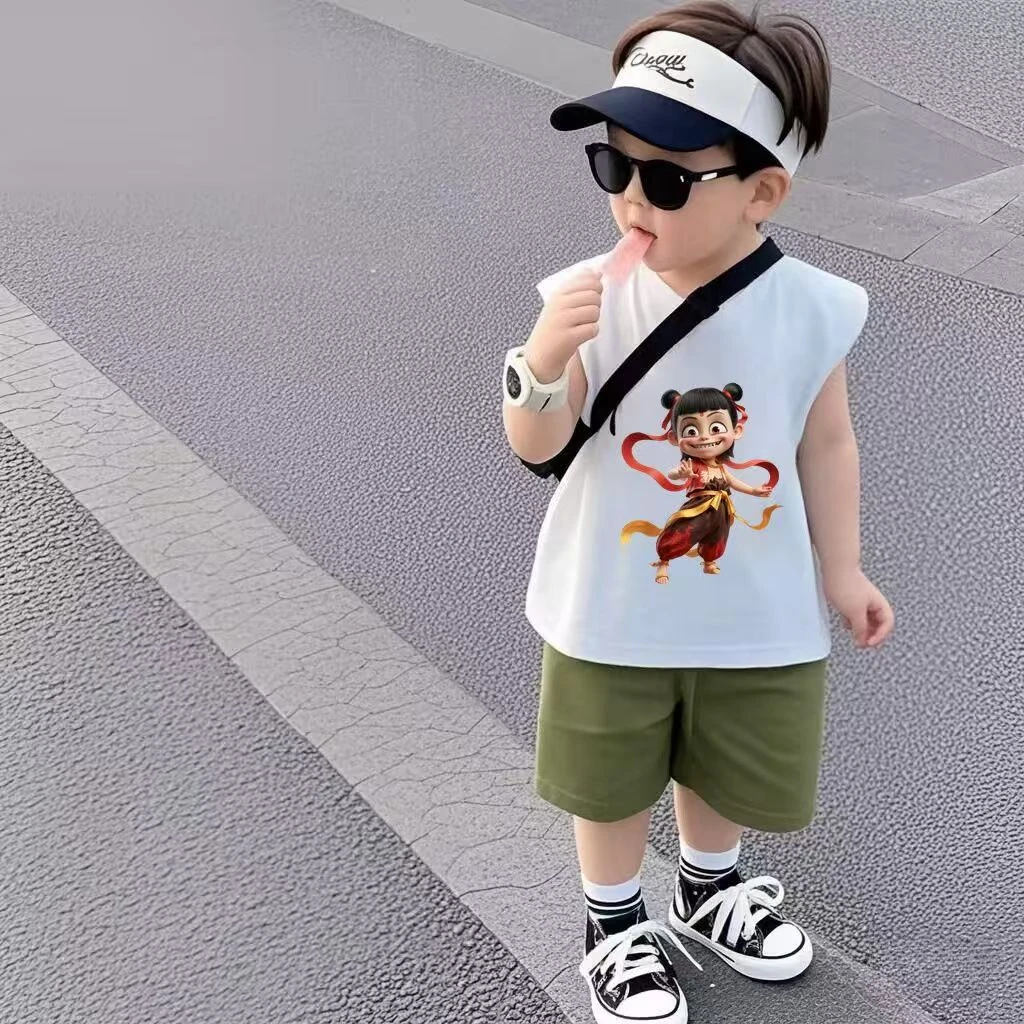 男童装无袖套装2025新款儿童夏季纯棉背心短裤洋气帅气哪吒两件套
