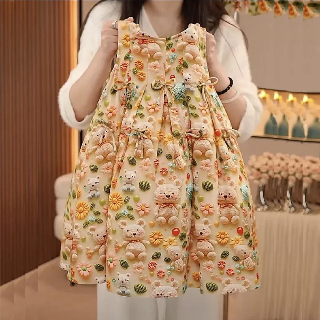 女童夏装连衣裙2025新款儿童洋气裙子无袖印花小熊中小童公主裙