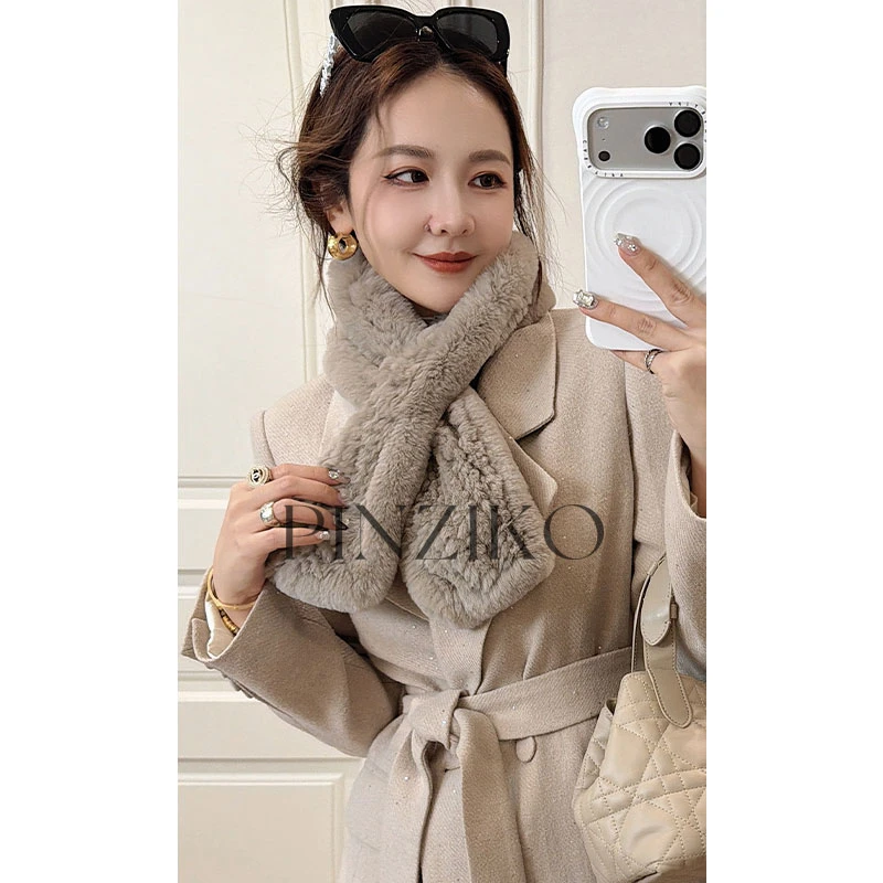 pinziko獭兔毛围脖~进口编织皮围巾女百搭保暖加厚毛领TJF457