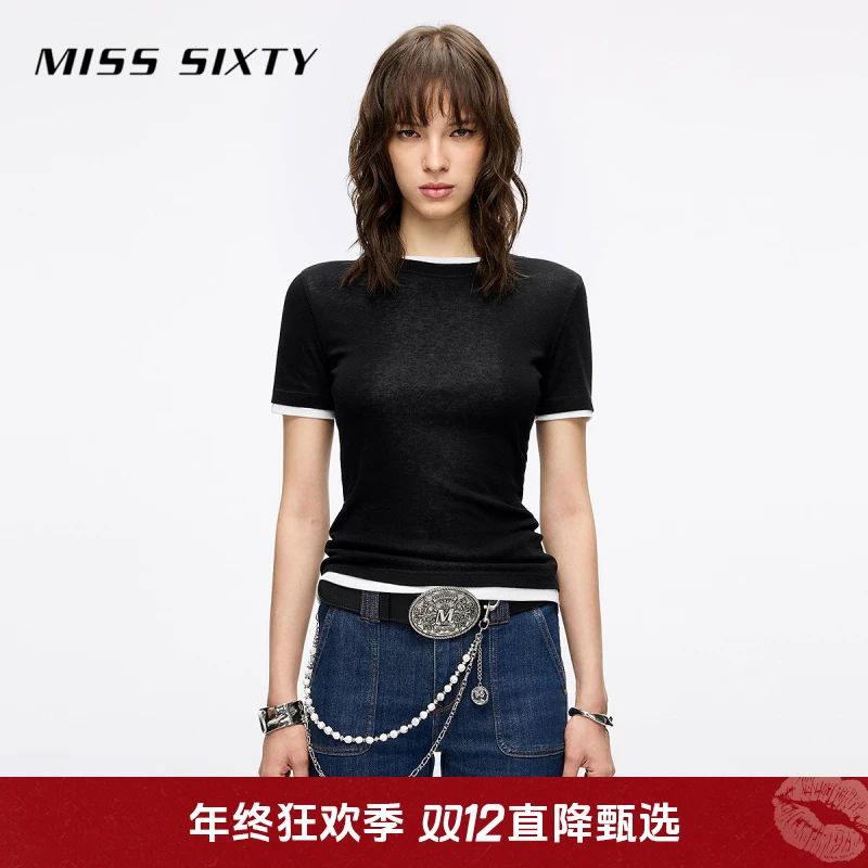 Miss Sixty2025秋季新款短袖T恤女圆领撞色两件套显瘦上衣