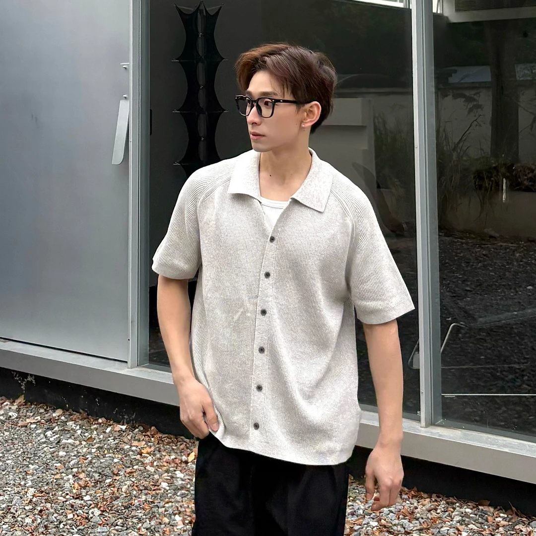 韩国男装 老钱风全棉针织短袖开衫polo衫 凉感透气针织短袖tee