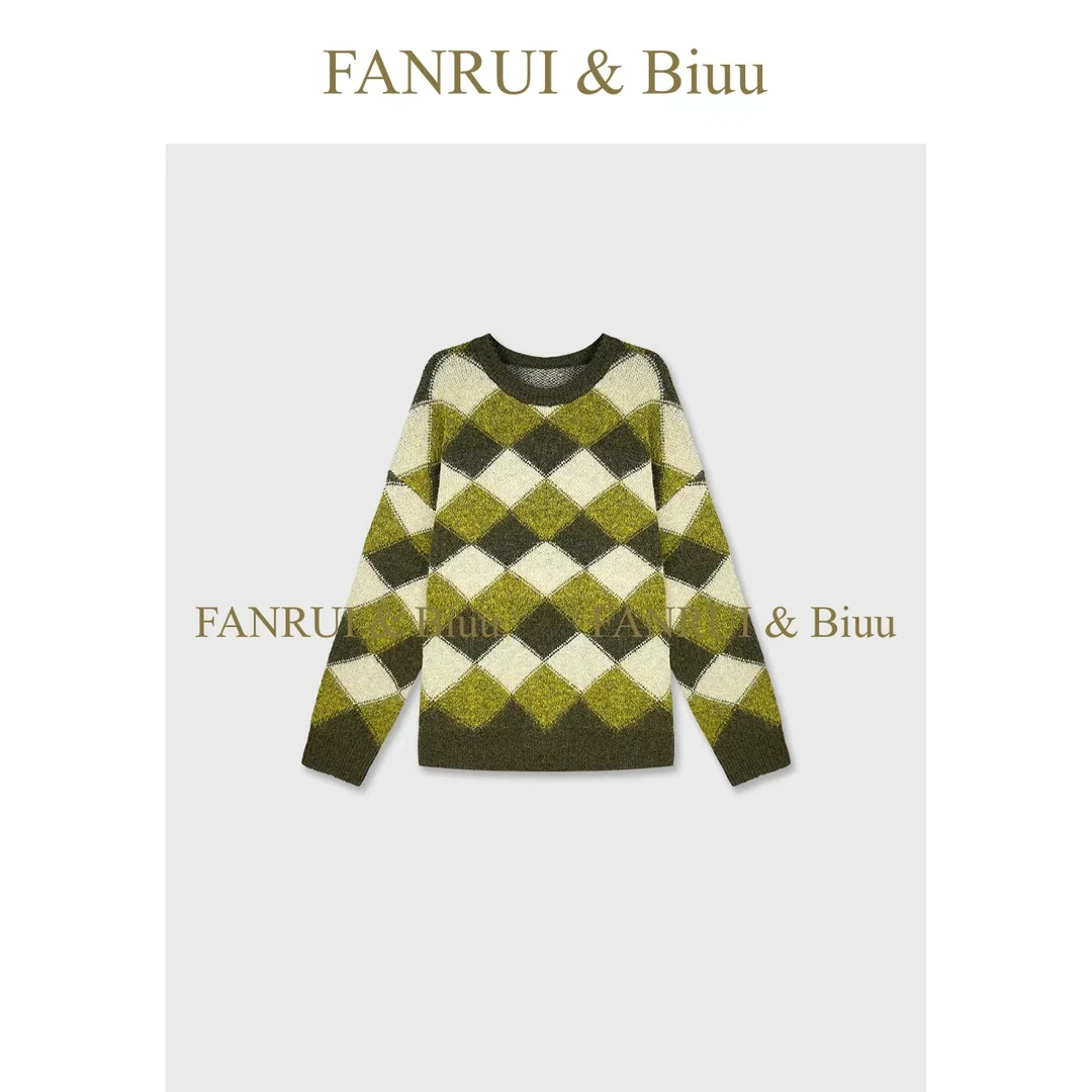FANRUI/泛芮 「格漫游」羊毛菱格撞色洋气宽松慵懒感针织毛衣B19315