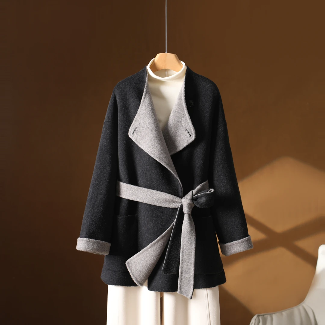 高档双面羊毛大衣2025秋冬新款慵懒风小浴袍撞色毛呢外套中长款女