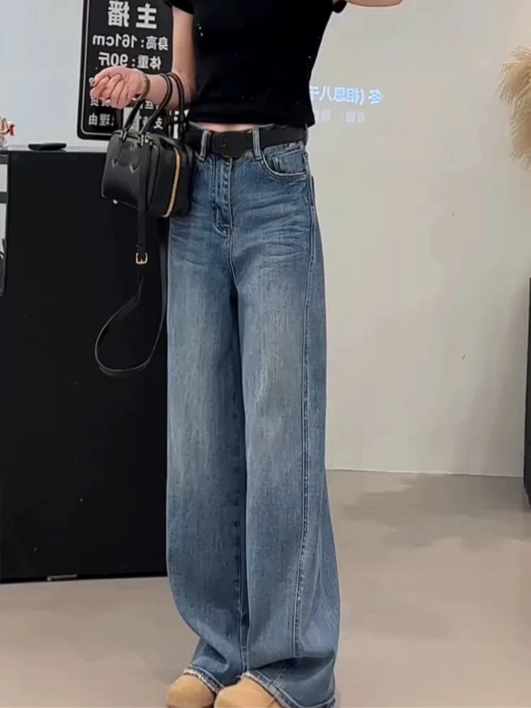 2025春夏季时髦小众膝盖缝线分割弧形高腰阔腿牛仔裤女长裤香蕉裤