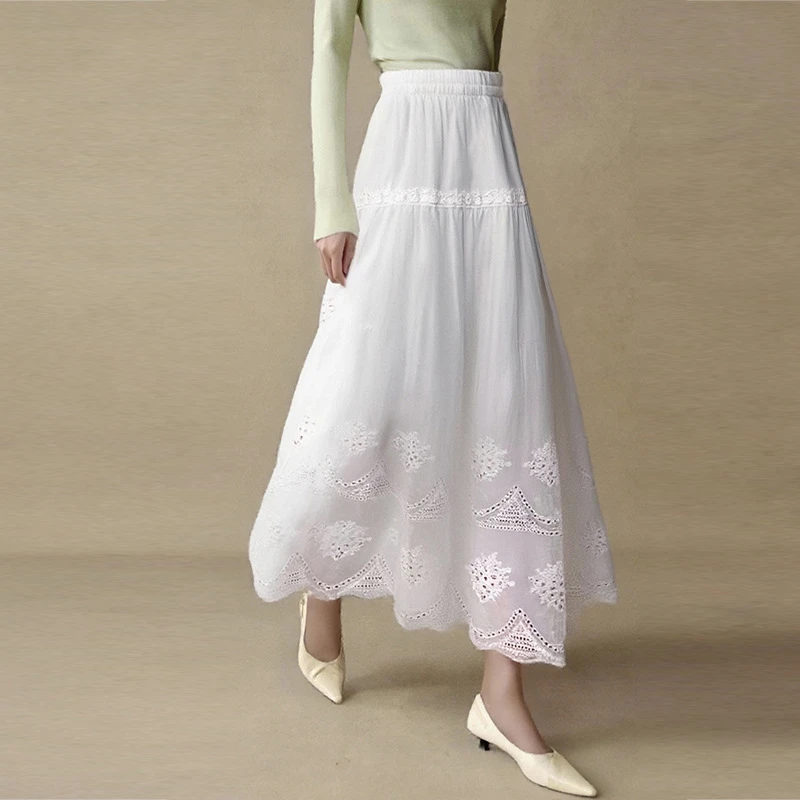 半身裙长裙新品百褶裙女a字春夏季蕾丝白色小个子【镂花映韵】A字