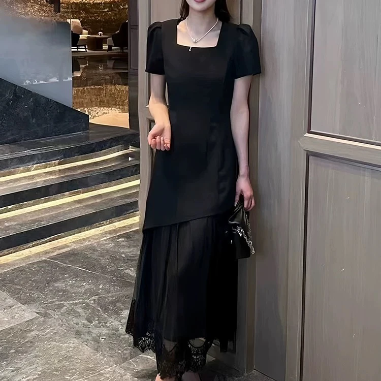 8853法式领黑色显瘦拼接连衣裙小黑裙夏季