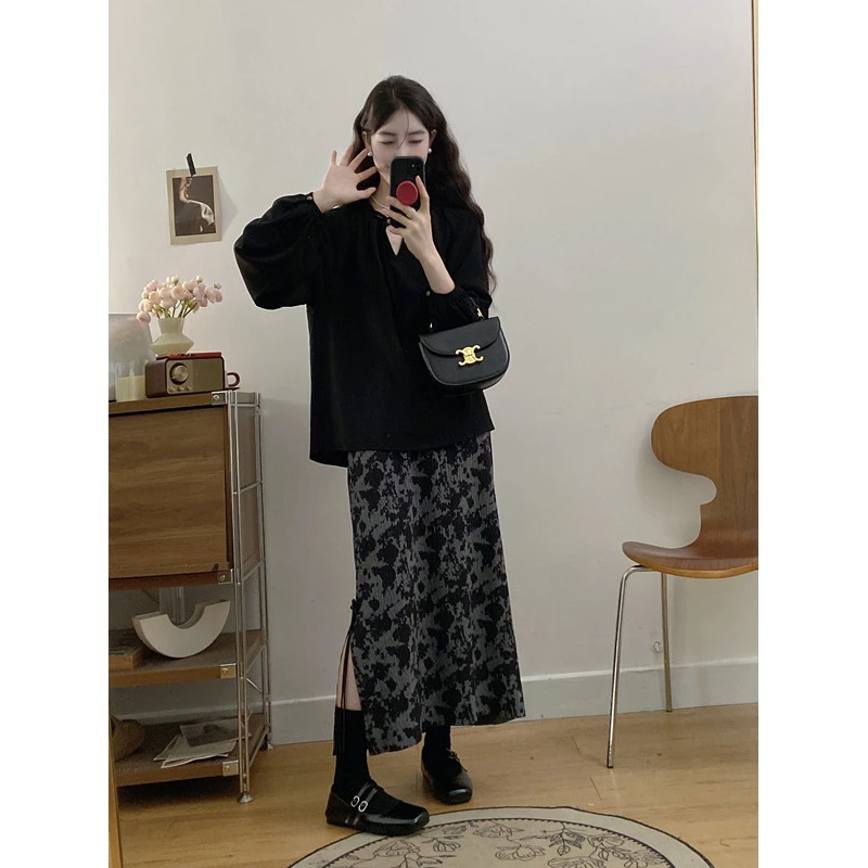 秋冬新款新中式厚款显瘦宽松衬衣+半身高腰直筒裙两件套装