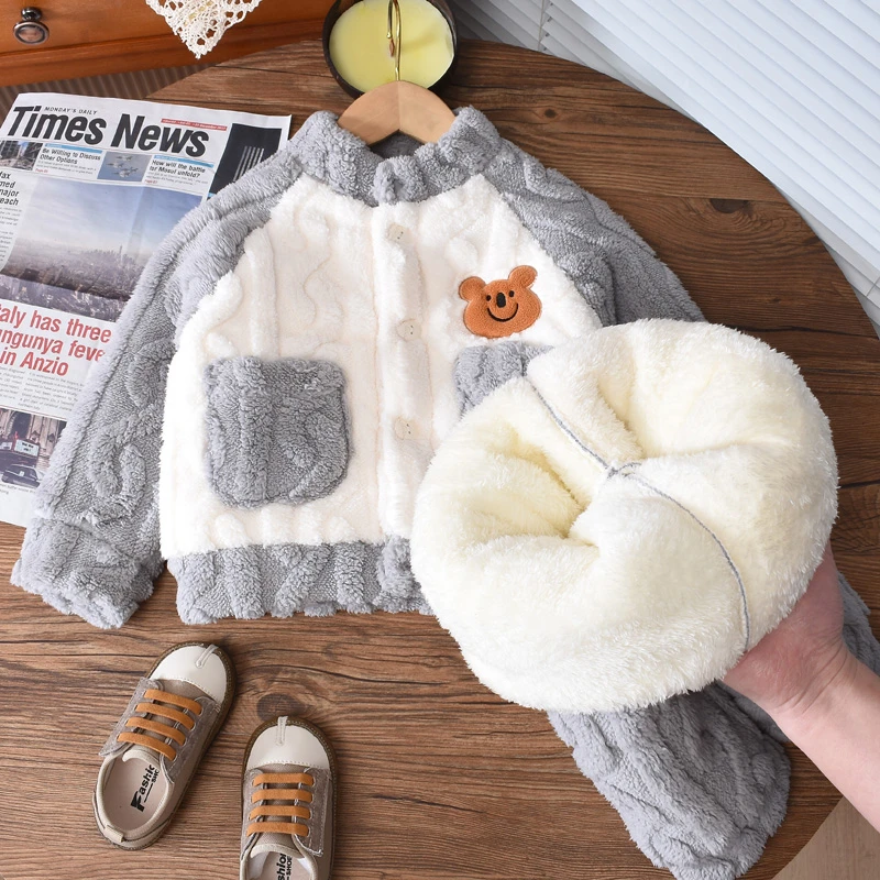 三层复合一体绒儿童睡衣法兰绒宝宝加厚女孩男孩保暖套装家居服