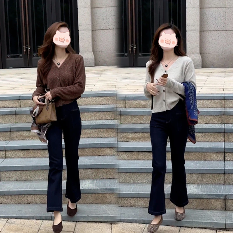 时尚洋气套装女秋季爆款韩版休闲V领长袖针织衫阔腿牛仔裤两件套