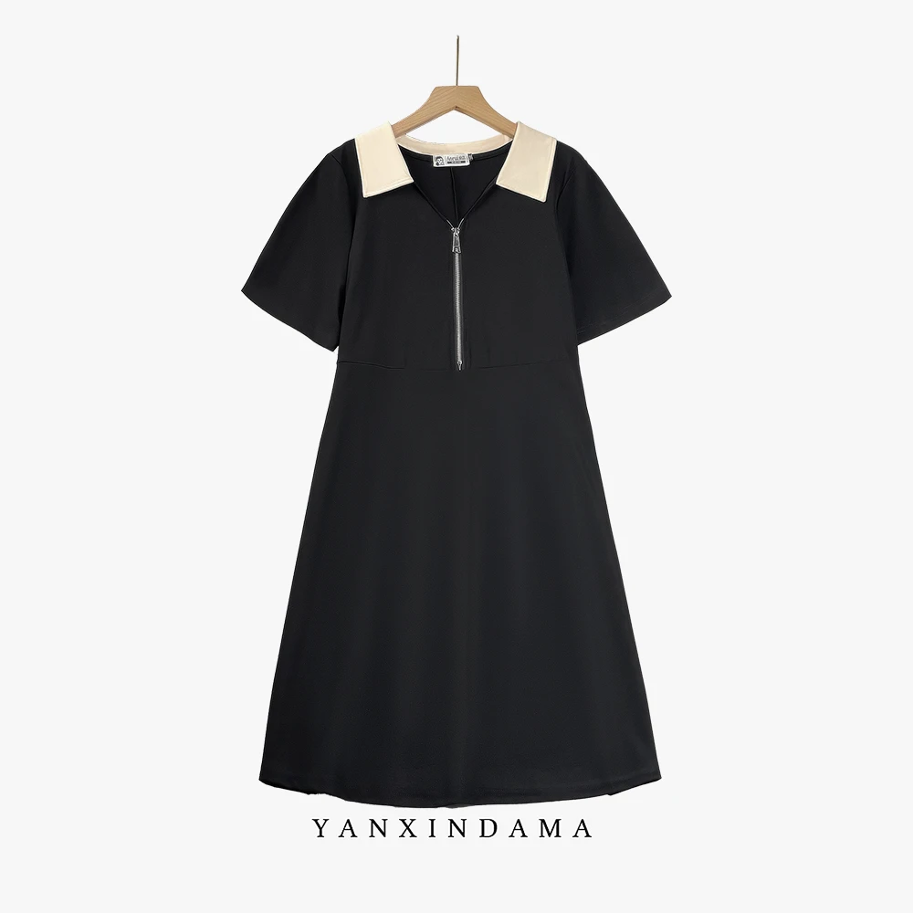 大码女装300斤胖MM百搭时尚黑白撞色中长裙遮肉显瘦连衣裙1979