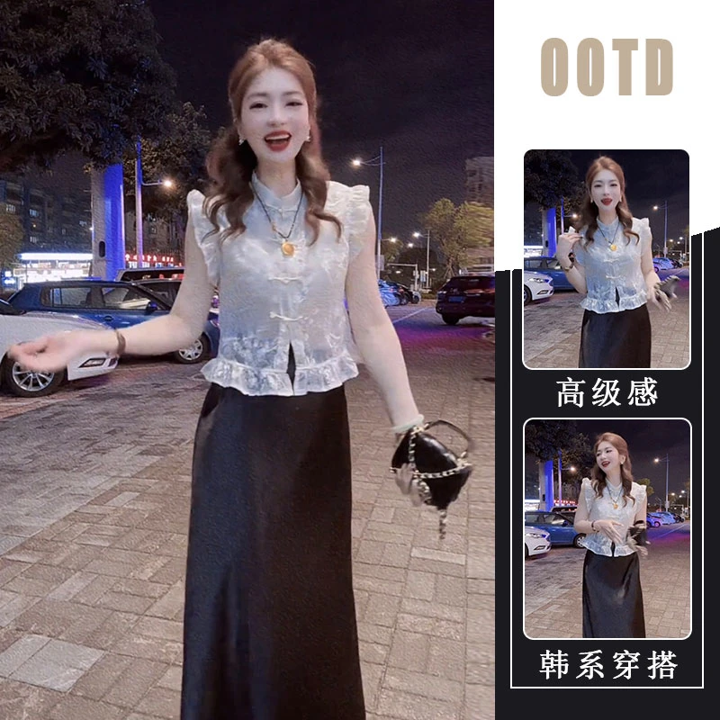 2025夏季新款百搭显瘦宽松中式国风荷叶边短款刺绣衬衣半身裙套装