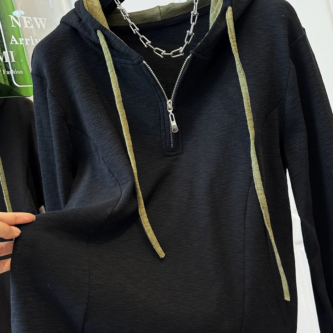 《秀秀精选》2586 德容连帽拼接撞色t