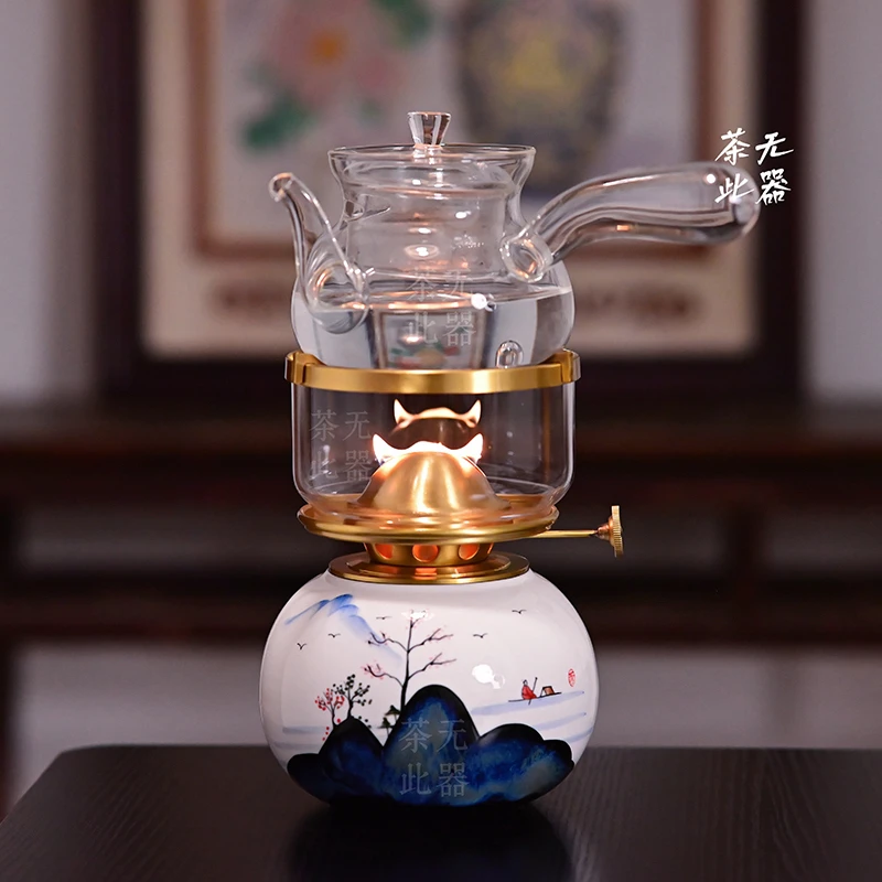 潮汕功夫茶炉山水田园陶瓷空气灯黄铜酥油灯无烟无味茶室煮茶炉