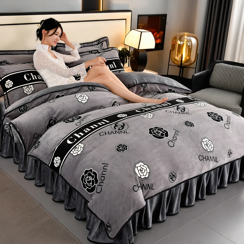 加厚保暖加绒冬季牛奶简约印花四件套被套床品套件双面绒床裙款