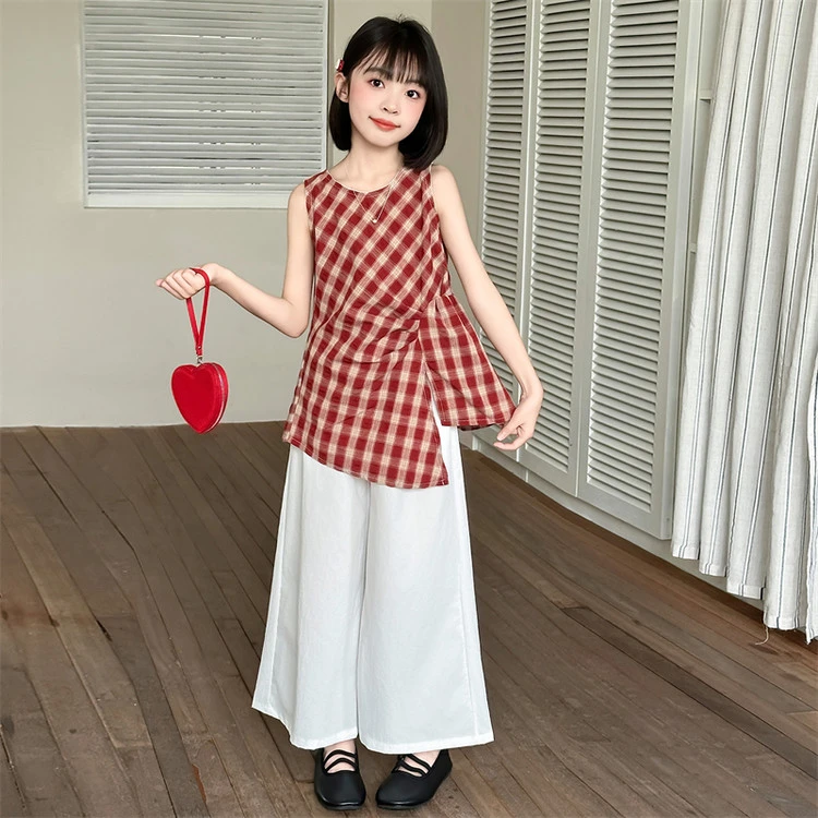 女童夏季套装儿童装新款洋气无袖韩版复古格子气质休闲阔腿裤夏装