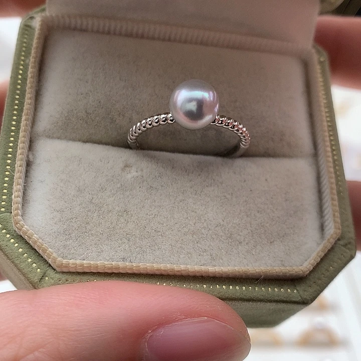 海水珍珠戒指银S925镶嵌7-7.5mm真多麻