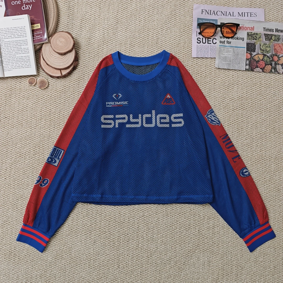 2025夏季新款宽松百搭字母印花网纱镂空网眼长袖T恤1371