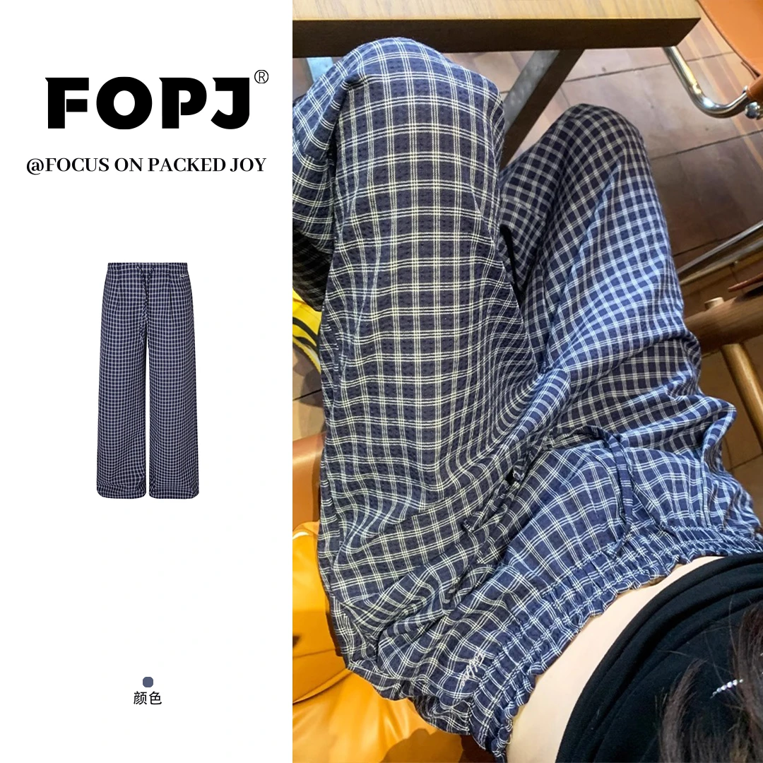 FOPJ美式潮牌复古慵懒感格纹阔腿裤休闲裤女夏季新款宽松运动长裤