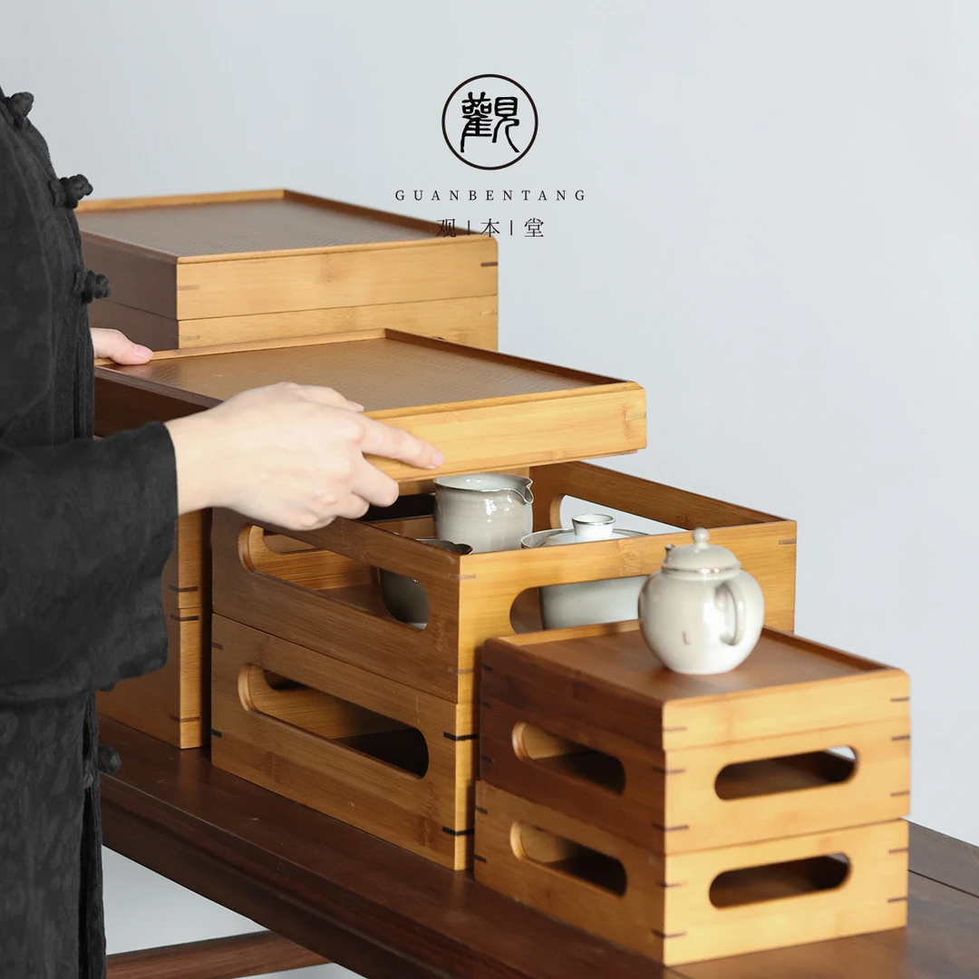 栖凤居中式竹制多功能茶具收纳盒桌面置物架功夫茶台储物柜