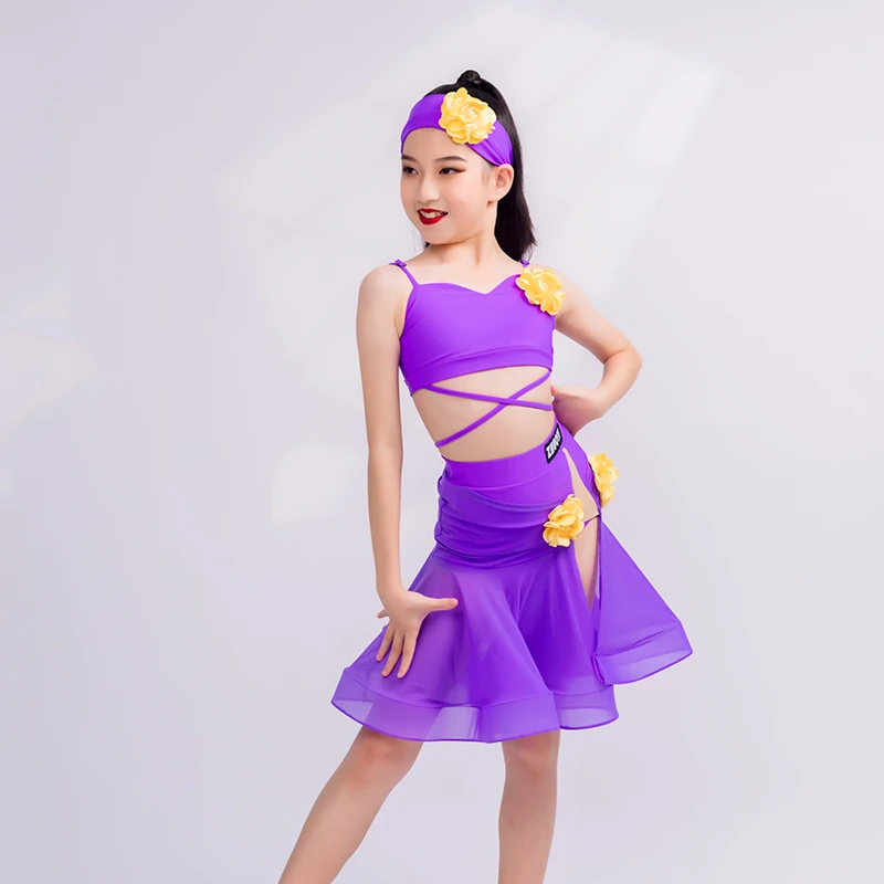 卓艺拉丁舞服新款夏季练习服紫色吊带分体套装吸睛大裙摆网红款