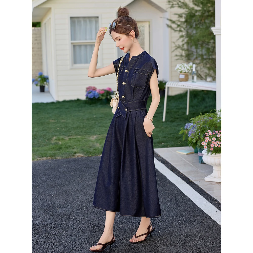 仿天丝牛仔连衣裙女2025新款夏季中长款轻奢复古洋气蓝色显瘦裙