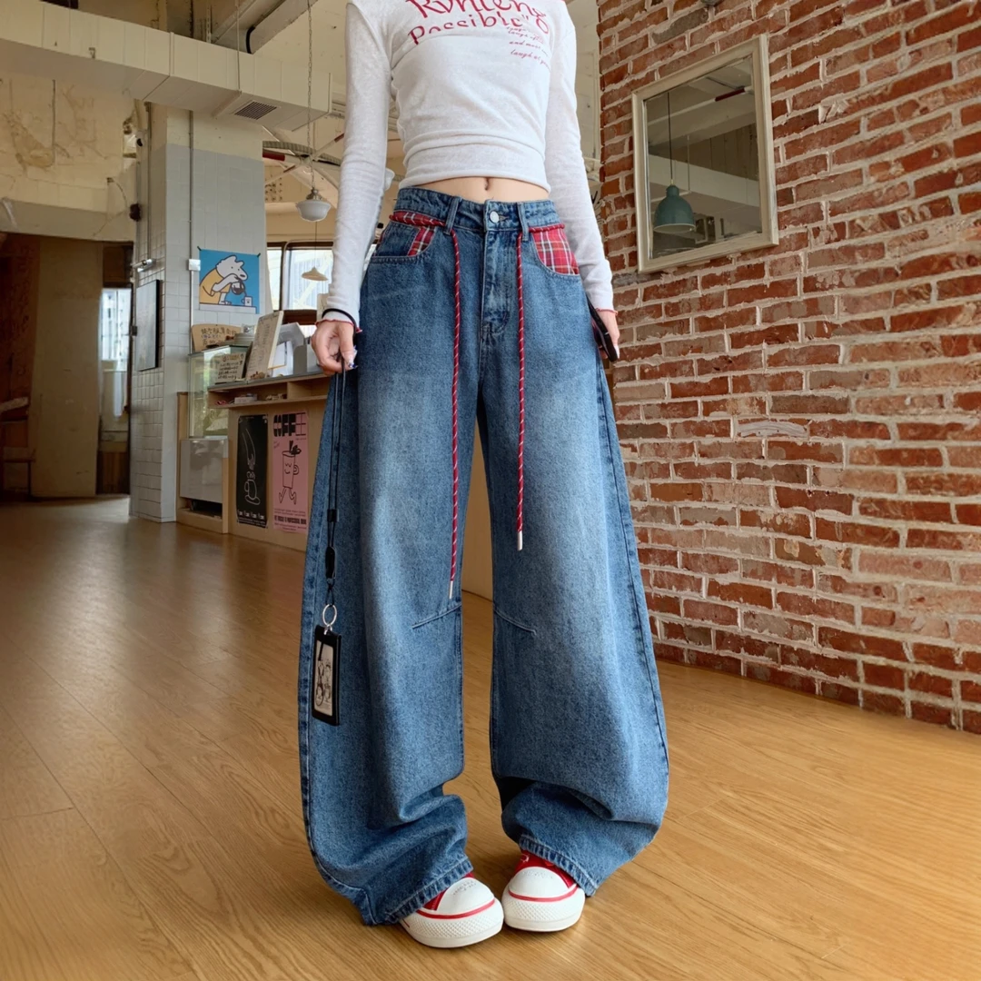 大码美式格子拼接弯刀牛仔裤女秋季新款高腰显瘦直筒阔腿拖地长裤