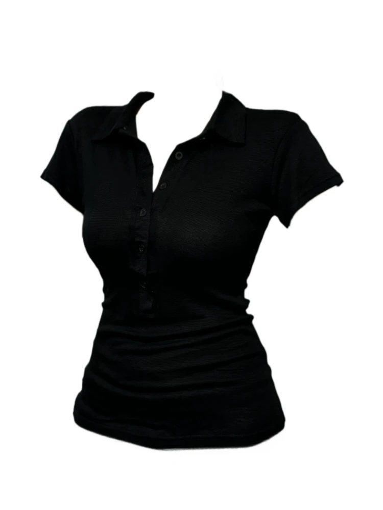 微胖mm纯欲风polo领短袖T恤女2025夏新款设计感显瘦翻领针织上衣
