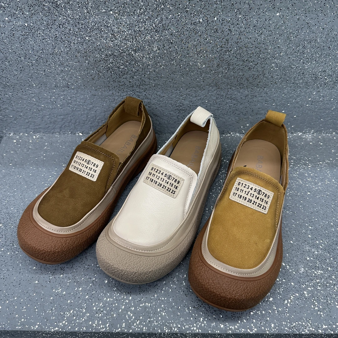 3387一脚蹬胶粘纯色乐福鞋复古豆豆鞋平底厚底休闲鞋韩版鞋子单鞋