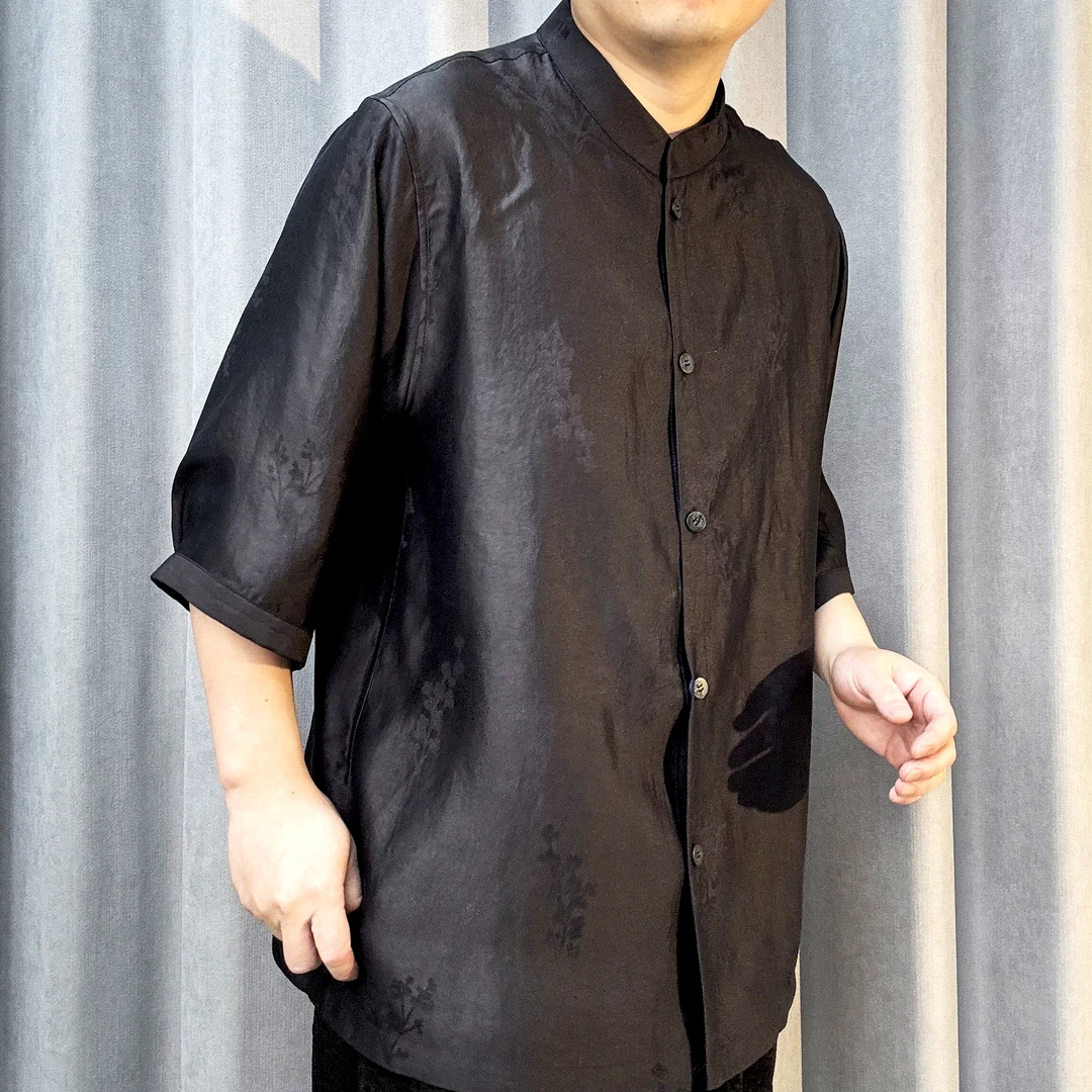 861-桑蚕丝香云纱花萝中袖男装设计师时尚唐装衬衫男士中国风纯色