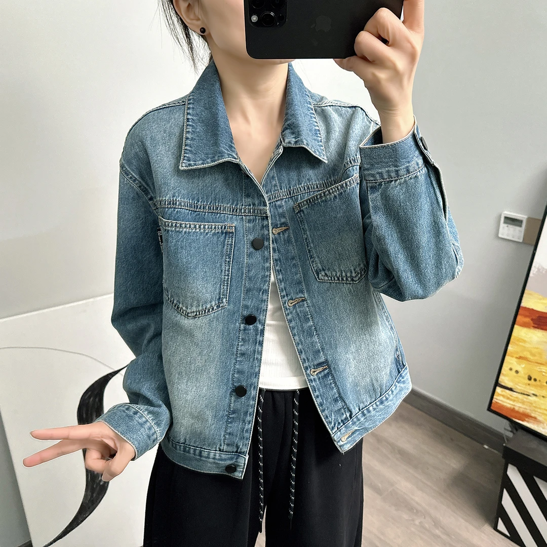 高品质女装牛仔短外套小个子高腰型春季新款宽松浅蓝色牛仔上衣