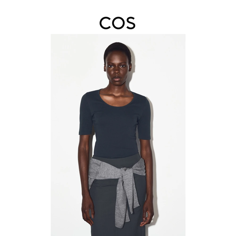 COS女装 修身版型汤匙领T恤藏青色2025秋季新品1272305005