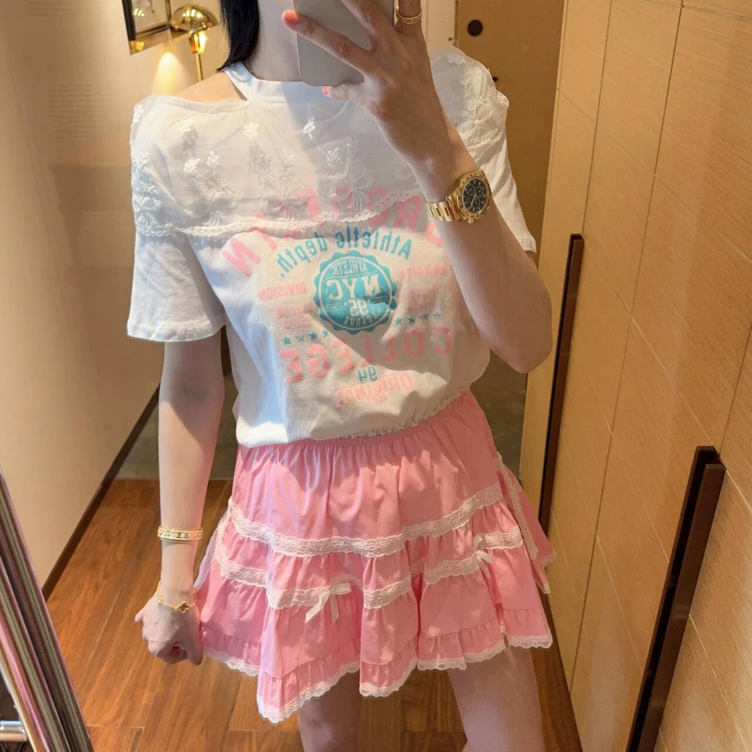 【张静芝】蕾丝领粉蓝字母印花T恤