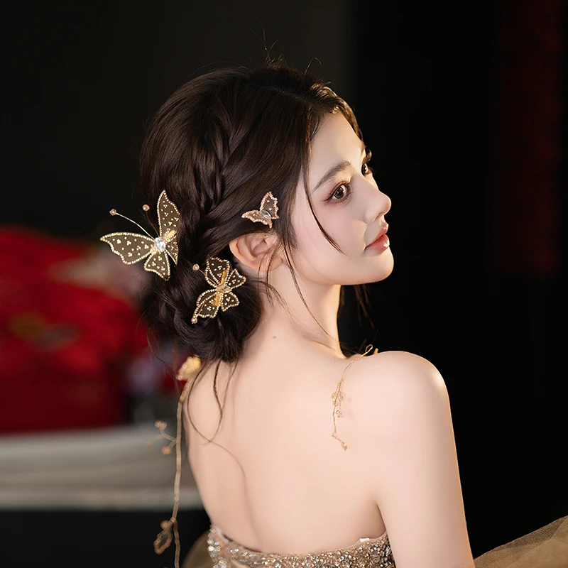 合金婚庆饰品 新款新娘甜美氛围蝴蝶小众手作温柔发饰D0702