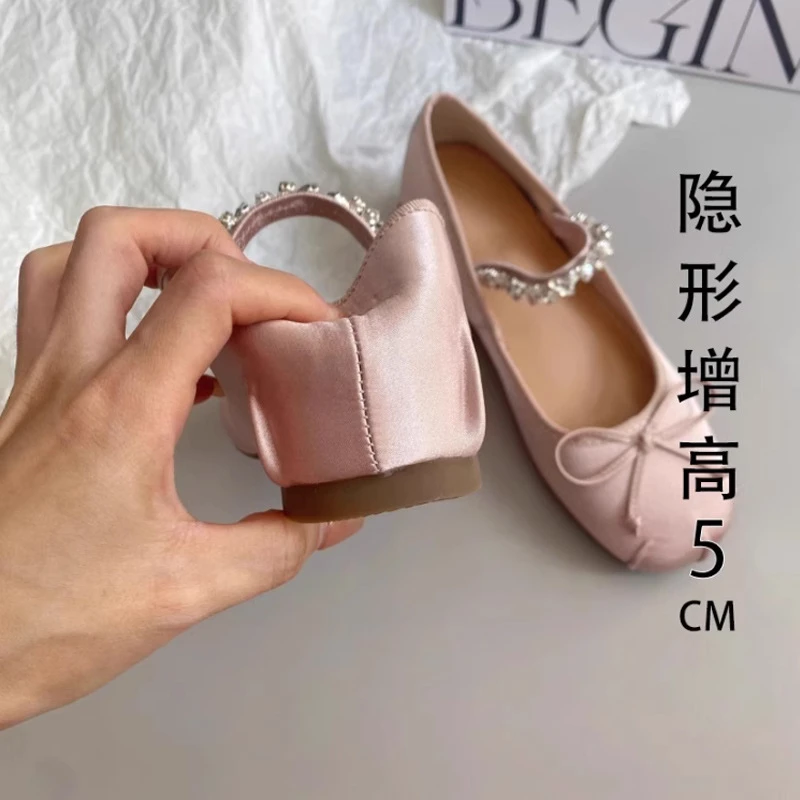 内增高5CM~法式玛丽珍女水钻松紧带晚晚温柔风小个子芭蕾舞鞋单鞋