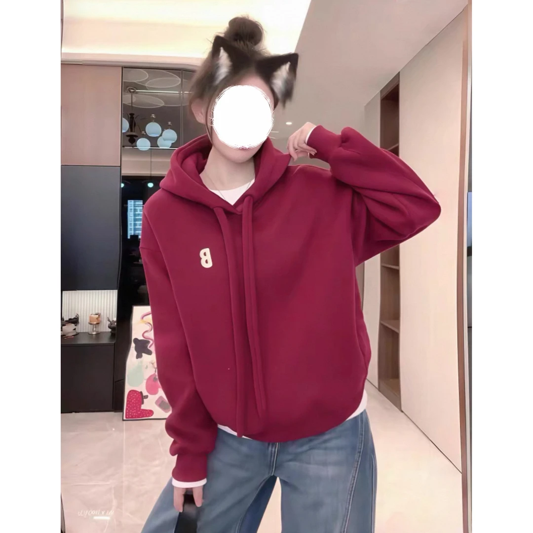 A东大门韩版字母刺绣连帽设计感抽绳加绒卫衣4390