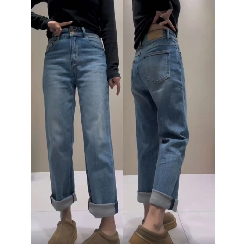 飞芊娅梨形身材高腰直筒牛仔裤女2025春季新款宽松显瘦窄版阔腿裤