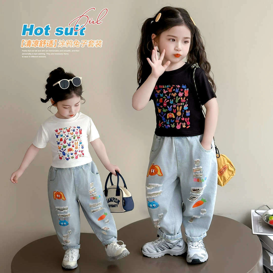 女童套装洋气儿童短袖破洞牛仔裤子两件套小女孩宝宝夏装2025新款