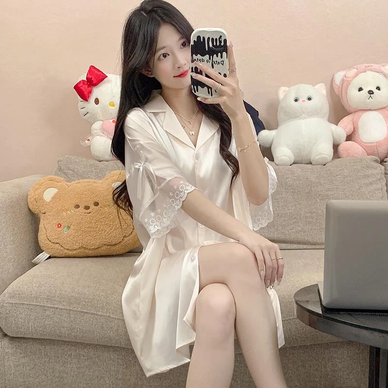 睡裙夏季女款2025新款短袖冰丝韩版中长款睡衣夏天性感衬衫家居服