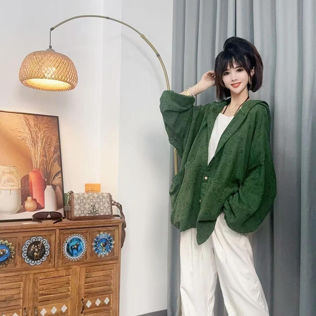 【沐木流浪记】（清溪）绿色图形连帽四兜女装风衣外套z