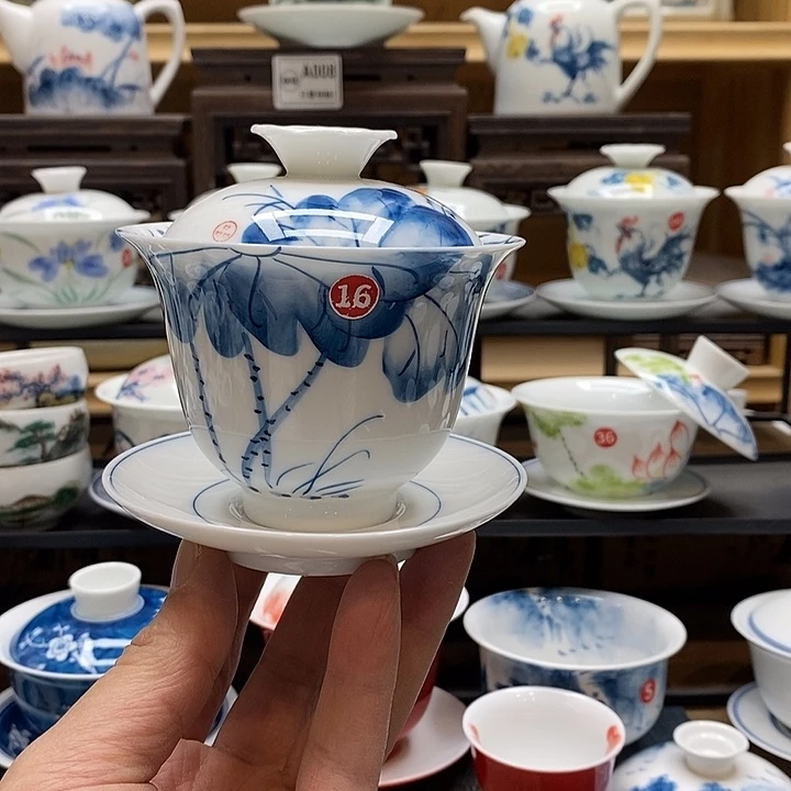 手绘微瑕荷花盖碗