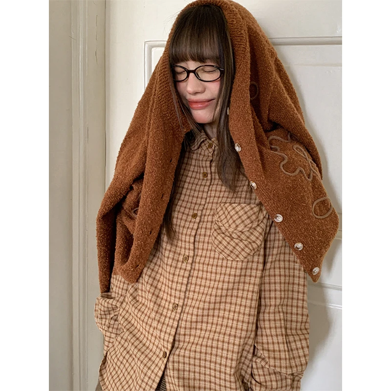 立体贴袋格纹娃娃领长袖衬衫女2025春秋气质休闲格子上衣内搭衬衣