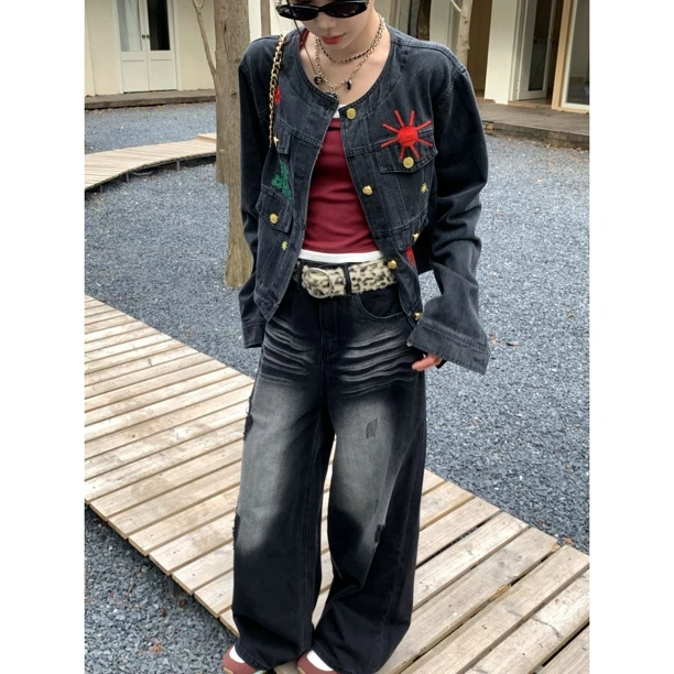 【赵小小&牛仔时光机】7697 秋季新款牛仔黑色短款设计感小众外套女