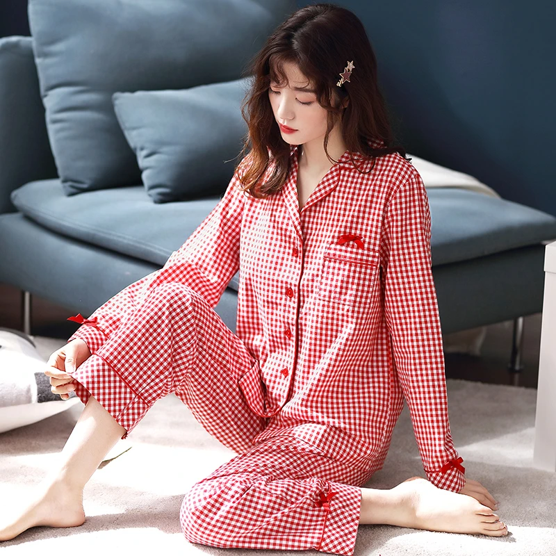 浪莎带胸垫睡衣女士春秋款2025新款格纹长袖长裤可外穿家居服套装