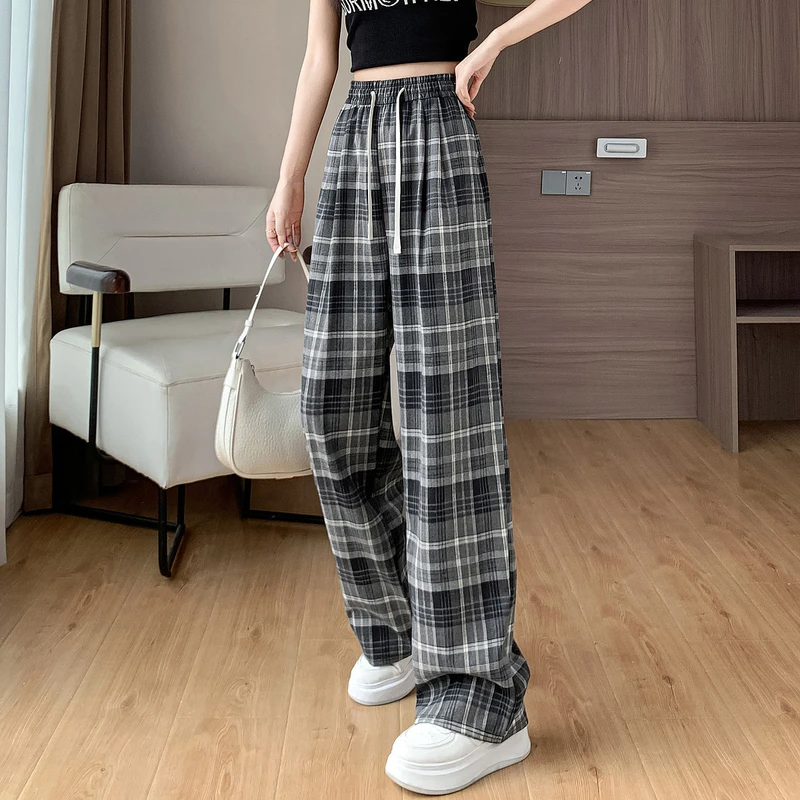 dme德玛纳松紧腰格纹系绳微弹舒适时髦阔腿休闲裤