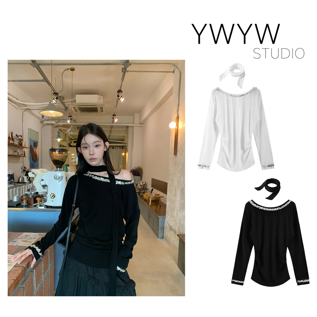 【YWYW25F/W】秋季飘带围脖配饰钉珠亮片气质一字肩上衣5531