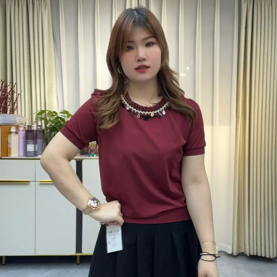 小鑫肝@现货浮力珠地棉圆领蕾丝拼接两件修身百搭T恤 68975