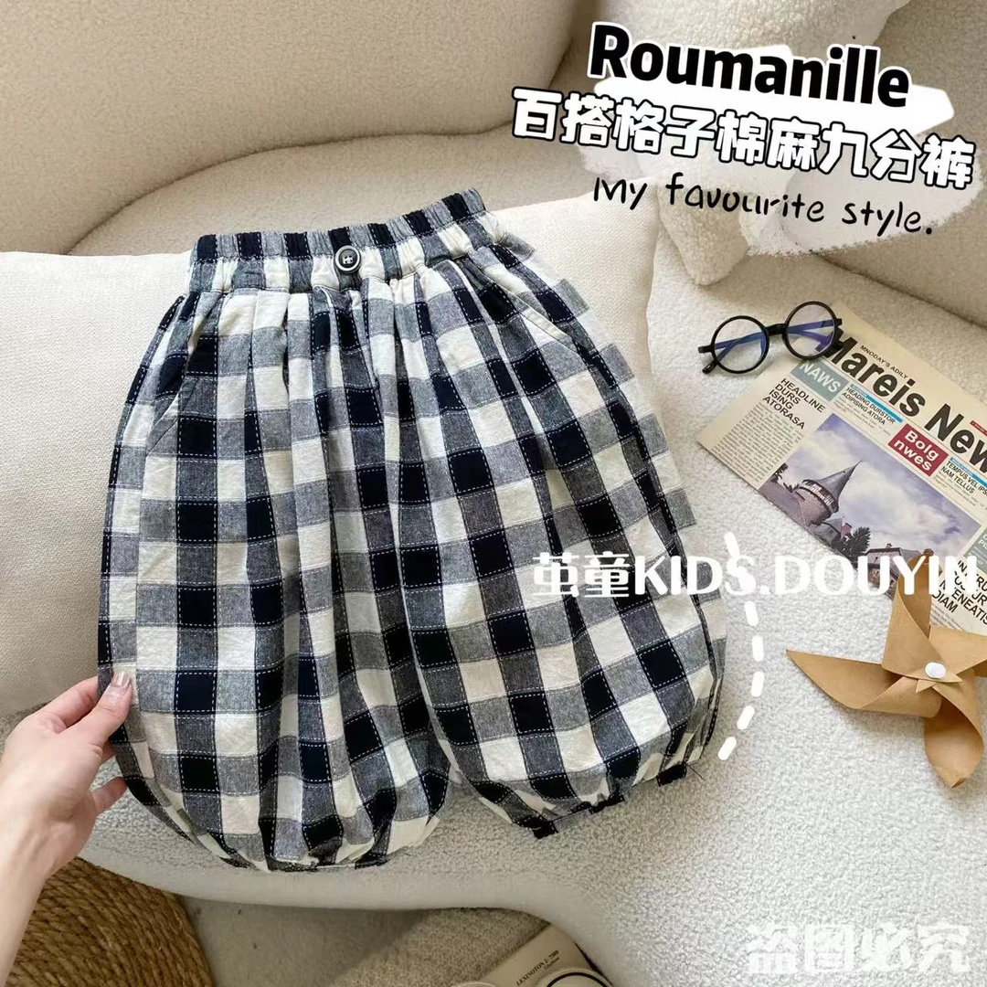 【麦麦妈】X130夏季小童格子棉麻九分裤新品男女宝宝休闲百搭裤子