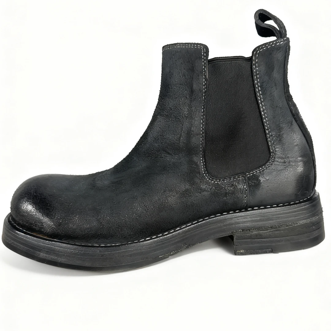 NP8:深灰色反毛切尔西靴圆头潮流短靴马丁靴